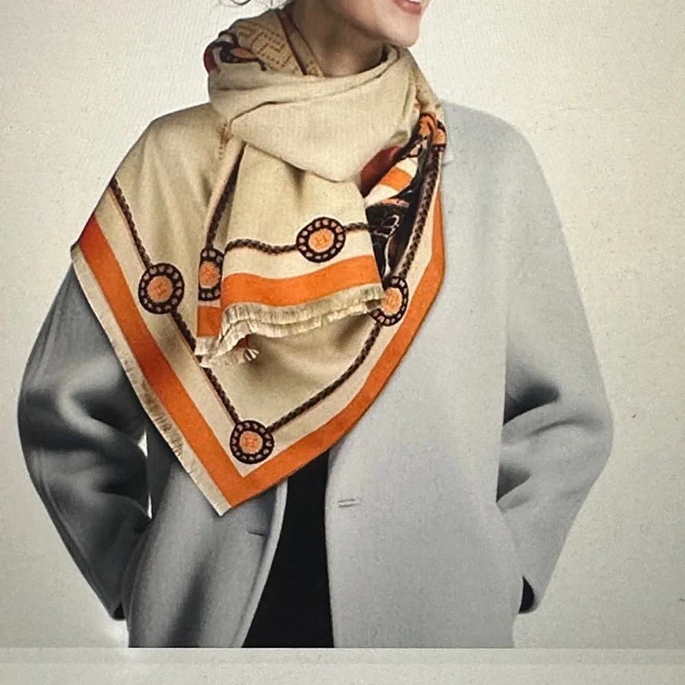 Women’s Elegant Horse Print Shawl with Orange Accents